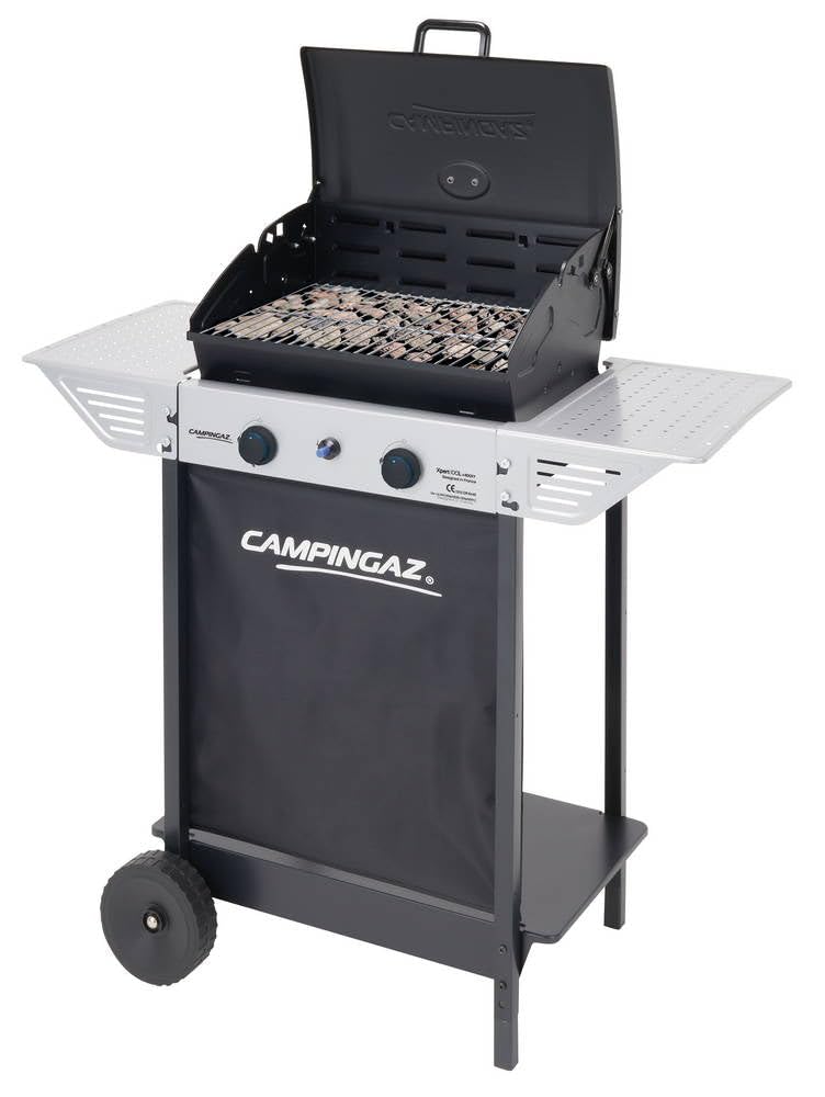 Campingaz Xpert 100 L Plus Rocky Barbacoa Gas para Piedra Volcanica, con 2 Quemadores, 7.1 kW de Potencia,2 Parrillas de Acero Cromado,2 Mesas Laterales y Rocas de Lava,Negro, 98 x 48 x 124 cm