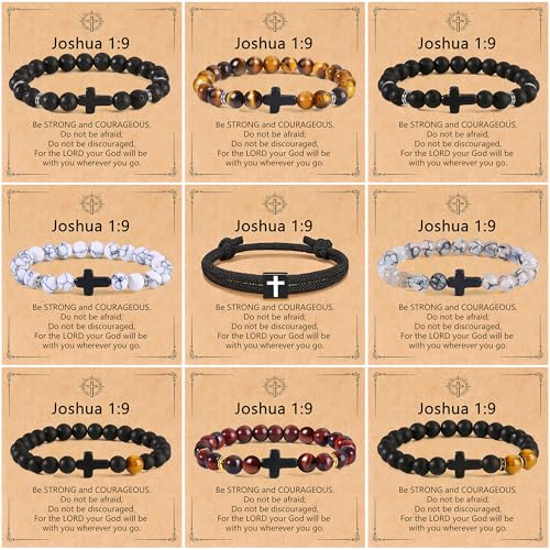 CASDAN 9Pcs Cross Bracelets for Men 8mm Christian Easter Cross Beaded Bracelet Inspirational Faith Based Religious Jesus Bracelets Gifts