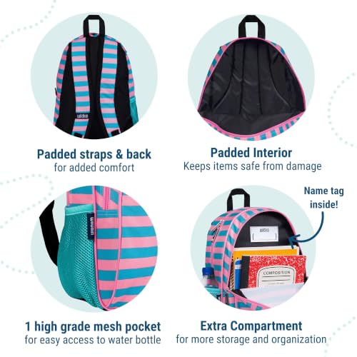 Image of Wildkin 15 Inch Backpack for Kids, Pink Stripes | Ages 5-10, padded straps, side water bottle pocket - coordinates with matching Wildkin lunch boxes