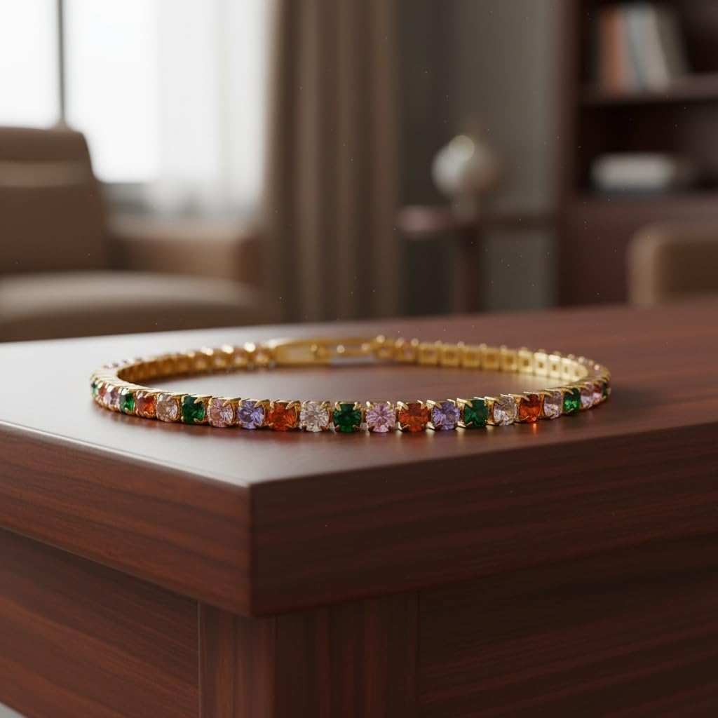 18K Yellow Gold Plated Multicolor Pink and Green CZ Tennis Bracelet for Women, 18 Karat Gold Plated over Stainless Steel, Buckle Clasp, Tarnish Resistant, 6 1/2- Inch Length