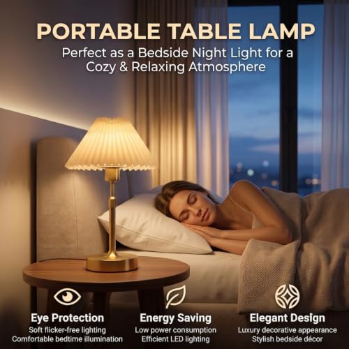 Image of NYRWANA Rechargeable Pleated Table Lamp | 2000mAh Battery | USB Charging | Stepless Dimming | Warm LED Bedside Lamp for Bedroom, Living Room, Study Table & Home Decor (Gold)