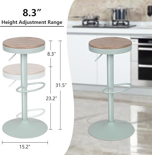 Miniatura 7 de Kidol & Shellder Juego de 2 taburetes de bar redondos ajustables giratorios modernos sin espalda, sillas de bar de madera con altura de mostrador de
