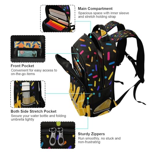 Image of Black Yellow Ice Cream Cute Backpacks with Chest Strap,Lightweight Bookbags 17 Inch, Casual Daypack Bags