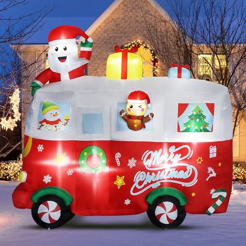 8 FT Christmas Inflatable Decorations, Vacation RV Camper with Santa Claus Gingerbread Man Snowman and Gift Boxes, Blow Up Outdoor Yard Decorations with Built-in LED Lights Xmas Car Decors Camping