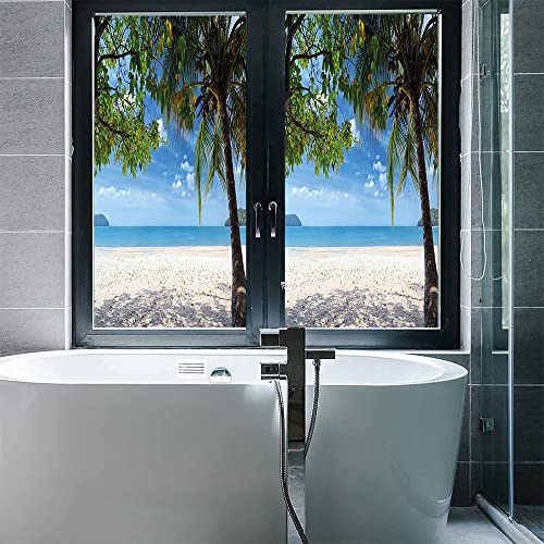 Summer Adhesive Window Film, Tropical Beach Ocean Behind Palm Tree Caribbean Exotic Holiday Image, For Uv Blocking Heat Control Glass Stickers, W23.6 X L47.2 Inch Fern Green #TOP4