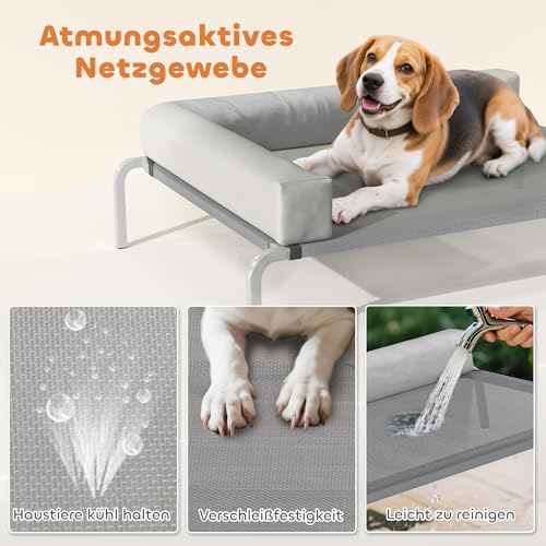 PawHut Hundeliege Outdoor, Erhöhtes Hundebett für Mittelgroße Hunde, Kühlendes Haustierliege mit L-förmige Kissen Stahlrahmen rutschfesten Füßen, Haustierbett für Draußen Camping 110x75x30cm Hellgrau