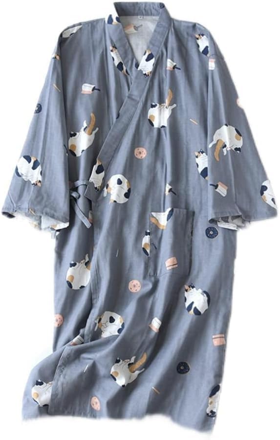 Bobo&Hanhan Pajamas, Double Gauze, Bathrobe, 100% Cotton, Printed, Women's, Men's, Yukata, After Bathing, Gentle Touch, Cotton Material, Unisex, Room Wear, Hotel, Loungewear Free size blue cat