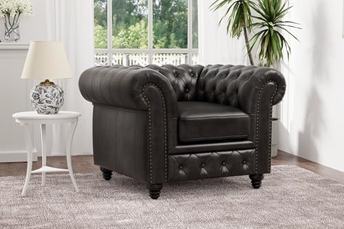 Valencia Parma Chesterfield Chair 45' | Premium Leather | Mid-Century Accent Chair with Classic Button Tufted Back and Wood Legs for Living Room, Black