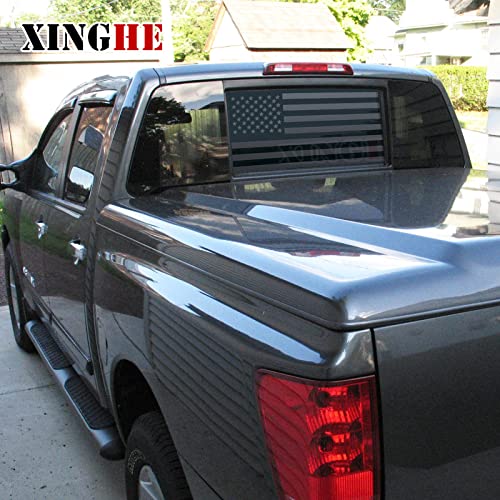 Image of Xinghe for Niss@n Nitan 2013-2023 Long Version, American Flag Decals for Truck Back Middle Window, Matte Black USA Flag Decal for Truck Back Sliding Window