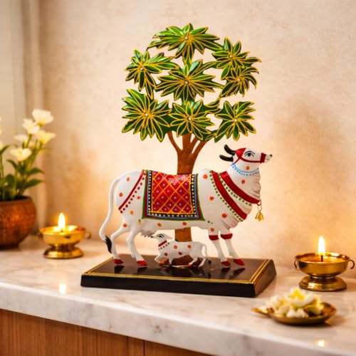 Image of CraftVatika Kamdhenu Cow with Calf Idol for Home Decoration Items for Living Room, Tealight Candle Holder for Pooja Room, Handpainted Rajasthani Showpiece, Wedding Anniversary House Warming Gifts