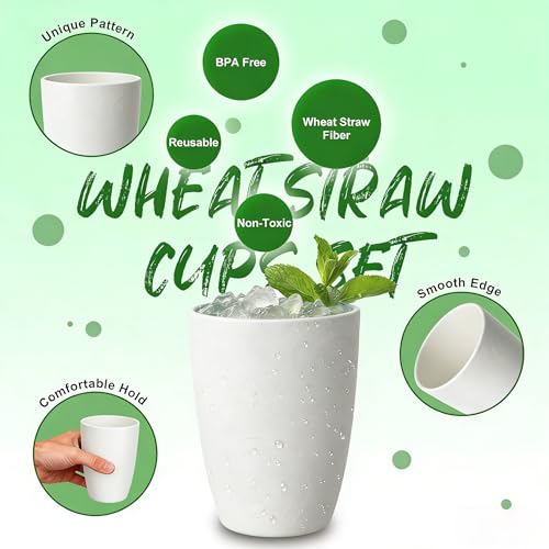 Image of Wheat Straw Cups 16 oz, 6 PCS Unbreakable White kitchen Cups Set