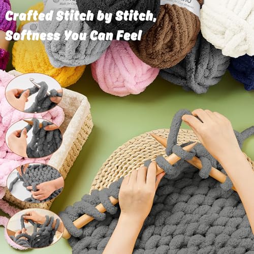 Image of Inhand Chunky Chenille Yarn for Hand Knitting,Thick Bulky Blanket Yarn for Crocheting,Soft Fluffy Yarn for Crochet Birthday Gifts for Men /Women /Beginners,8 Pack (29.5Yds /8.4oz Each),Deep Gray