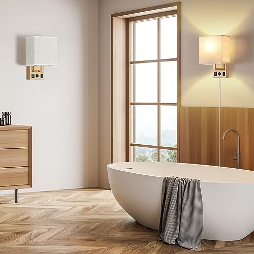 CADUKE Plug in Wall Sconces Set of 2 Gold Wall Lights with Plug in Cord Bedside Wall Lamp with USB Charging Ports and AC Outlet Socket Modern Wall Lamps for Bedroom, E26 LED Bulb Included - Thumbnail 5