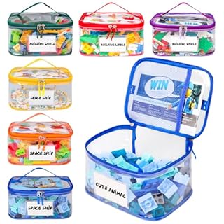 Tesuko 6 Pack Clear Toy Storage Bag with Name Tag& Manual Pocket, Waterproof Transparent PVC Toy Organizer Case for Lego Bricks, Board Games, Building Blocks, Puzzles (Large Capacity, Colorful)