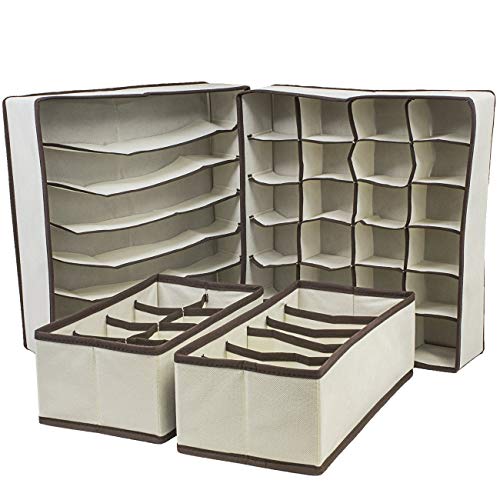 Image of Wardrobe Organiser Set of 4 collapsible innerwear closet wardrobe cabinet clothes drawer underwear divider for belt, tie, lingerie (Beige)