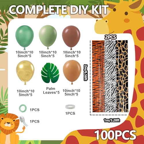 Image of Jungle Safari Balloon Arch Garland Kit Birthday Party Decorations, Animal Foil Fringe Curtains Backdrop Tinsel Streamers Banner Tropical Palm Leaves for Safari Themed Wild Party Decor Supplies Favors
