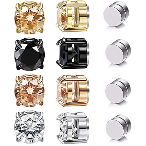 4 Pair Magnetic Earrings for Men, Non Pierced Clip On Earrings Stainless Steel, Diamond Fake Earrings Stud Sliver, Gift for Boys Women Girls Kids (6mm) Cover