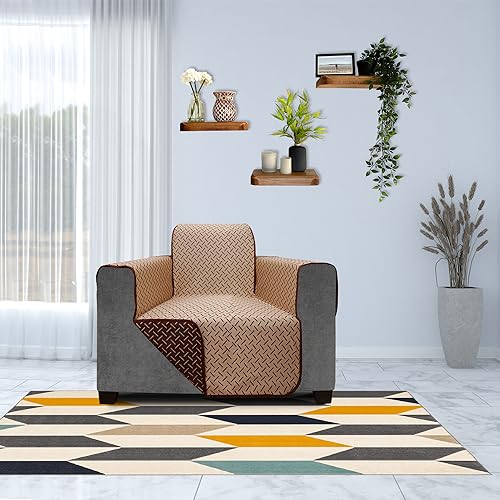 Image of DREAM KING 3 Layers 300 GSM Waterproof Reversible Sofa Cover Single Seater with Pockets | Dust Protective Soft Fabric Sofa Seat Cover Coffee & Beige