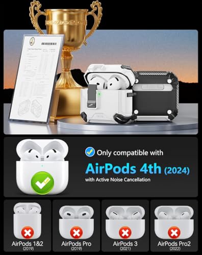 Image of ZORBES AirPods 4th Generation Case Compatible with Magsafe | Secure Lock, with Phone Stand & Cleaning Kit, Flip Lid Protection, White TPU, Carabiner Carry Clip for AirPods 4 Case Cover