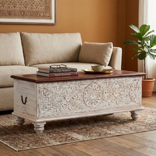 Image of Wifo Solid Wood Coffee Table for Living Room Wooden Trunk Box for Storage | Handcrafted Center Table for Living Room with Sandook Storage | Pitara for Bedroom (White Distress and Brown Top)