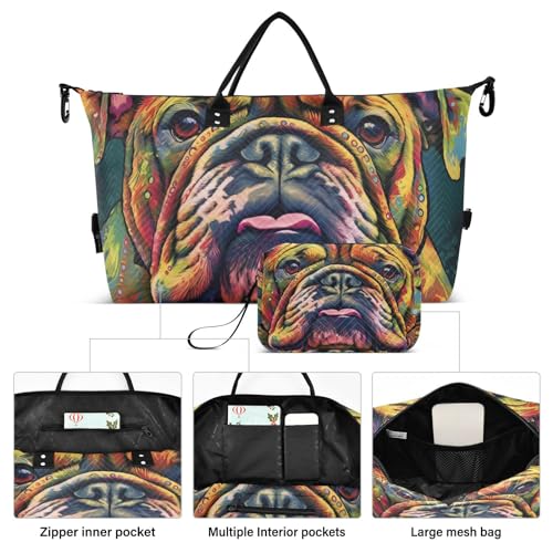 Large Travel Duffel Bag, Doodle Bulldog Head Sports Tote Gym Bag, Shoulder Weekender Overnight Bag for Women Men, Carry On Luggage with Toiletry Bags2