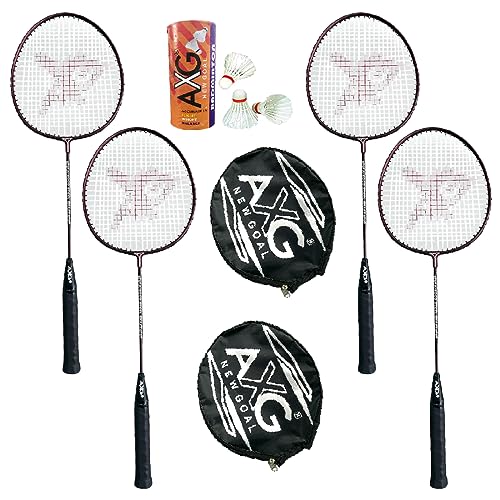 Image of AXG Scratch Resistant A-2000 Badminton Rackets Set of 4 with 3 Feather Shuttles Badminton Kit (Maroon)