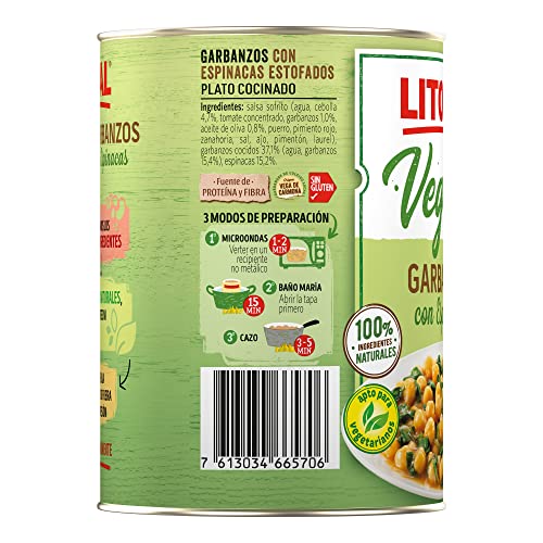 Miniatura 5 de Litoral Vegetal Garbanzos con Espinacas - Plato Preparado Sin Gluten - Pack de 10x425g - Total: 4.25kg