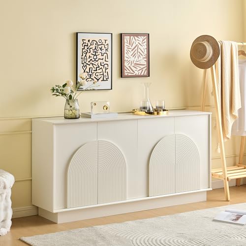 PUGSDRLY Buffet Contemporain Blanc avec Portes arcuées, Meuble de Rangement à Quatre Portes adapté aux Salons et salles à Manger, avec Finition Mate (160 L...