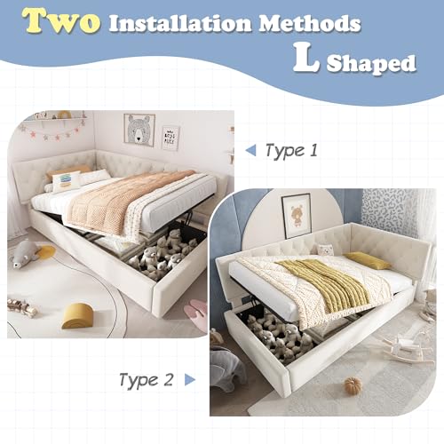 TIZZ Cama tapizada, 90 x 190 cm, sofá cama con espacio de almacenamiento hidráulico, cama infantil, cama juvenil, estructura de cama con somier de madera, terciopelo, beige, sin colchón - imagen 7