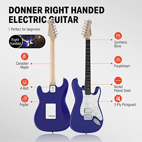 Image of Donner 39 Inch Electric Guitar Beginner Kit Full Size Purple Sapphire Blue HSS Pick Up Starter Package with Amp Online Lesson Bag Tuner Capo Strap String Cable Picks DST-100L