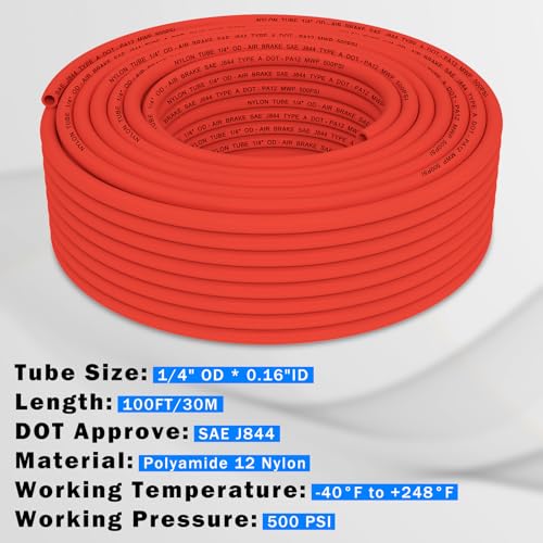 Image of CheeMuii 100 FT 1 /4 inch DOT Air Line Red 1 /4 PA12 Nylon Pneumatic Tubing 30.5 Meter 1 /4 Inch OD Pneumatic Air Tubing Pipe Hose Line for Semi Truck Trailer or Industrial Air System