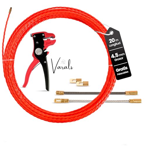 VARALS - Guía Pasacables Profesional 4,5mm 20m + Pelacables Automático GRATIS | Poliéster Trenzado | Pasacables Eléctrico con 4 Terminales Intercambiables con Rosca M5