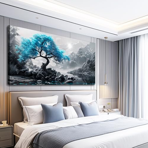 KELIYUAN Large Wall Decor Canvas Painting Wall Art For Bedroom Living Room Decoration Blue Tree Black And White Foggy Mountain Landscape Art Print Picture Room For office Room Home Decor 30x60 In