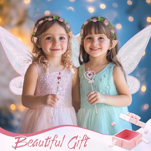 Image of TecoKart Butterfly Wings for Girls - Fairy Wings for Kids Girls Butterfly Set, Pink Fairy Wings with Flower Garland, Elf Ears and Love Sticks, Ideal for Girls Birthday Party