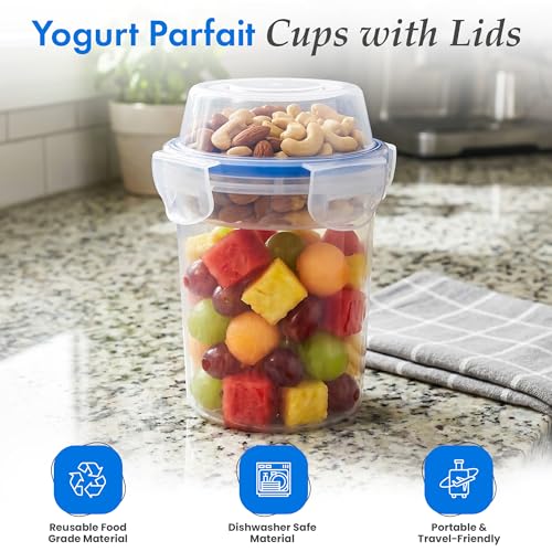 Image of Basicwise 480ml Airtight Cereal Storage Container with Separate Topping Cup Leak-Resistant Clip-Lock Lid Stackable Snack & Yogurt Cup for On-the-Go Breakfast Travel School Office & Daily Use, Set of 2