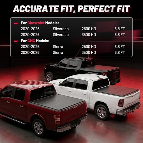 Image of Hard Tri Fold Tonneau Cover for Chevy Silverado GMC Sierra 2500HD 3500HD 2020-2026 6.8FT Bed (82.2 inch), Waterproof Truck Bed Cover with Anti-Theft Lock, for Camping and Work Trucks