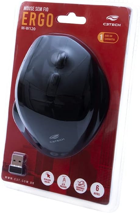 C3Tech Mouse sem fio Preto M-W120BK - formato ergonomico projetado para oferecer conforto, com 6Botoes, ate 1600DPI ajustavel, WIFI
