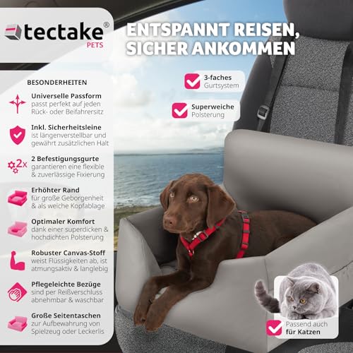 tectake® Hundesitz, Autositz für Hunde, Hunde Autositz für Rückbank, Beifahrer oder Rücksitz, Reisebett Hund, mit Hundegurt, Sitzerhöhung mit Hundeanschnaller, Hundebett mit Anschnaller - grau