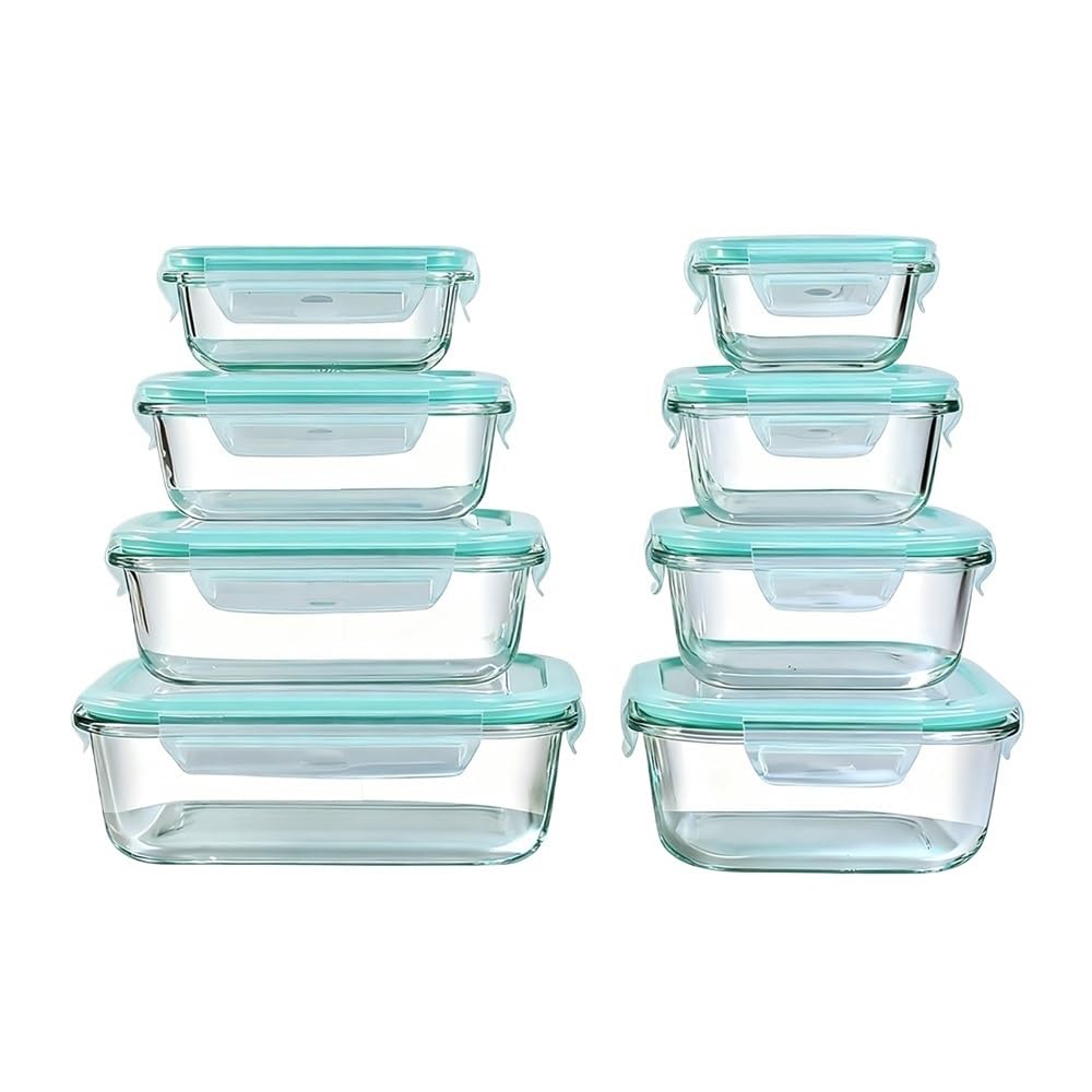 Hgniang 8pcs Glass Food Storage Containers Set Lunch Box Leakproof Airtight Microwave & Oven Safe Stackable Kitchen Organizers