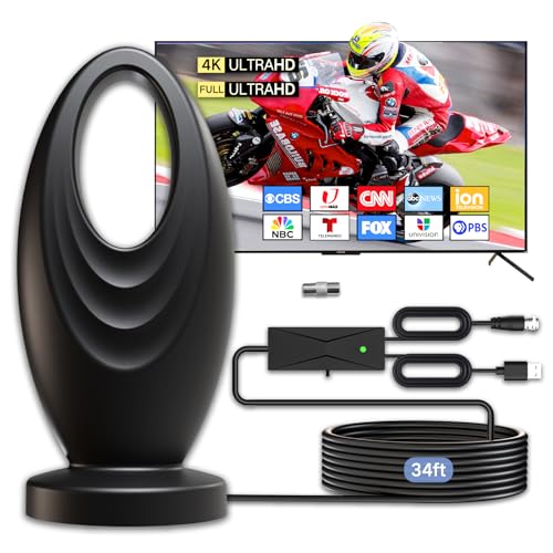 2025 TV Antenna for Smart TV and Old TV, 2800+ Miles Range HD Digital TV Antenna Indoor with 360° Signal Strongest Booster, Supports Local Channels 1080P 4K Reception for Home, RV, Camping (34ft)