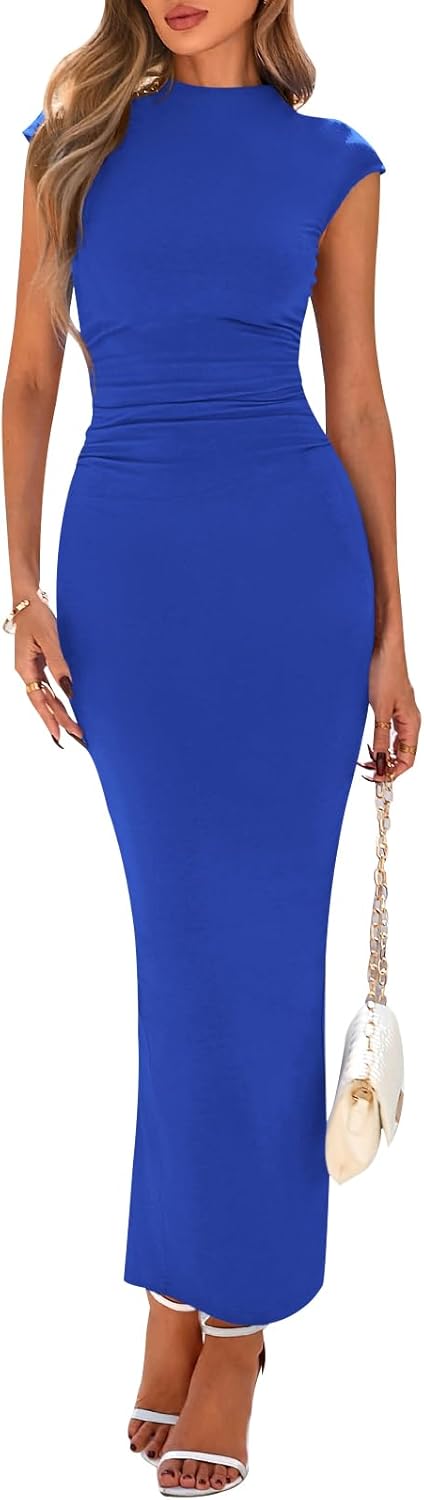 PRETTYGARDEN Women's Summer Maxi Dress Ruched Bodycon Sleeveless Formal Wedding Guest Elegant Cocktail Party Slit Dresses