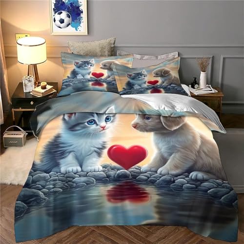 Housse de couette 140x200 chaton mignon parure de lit 3D fermeture éclair