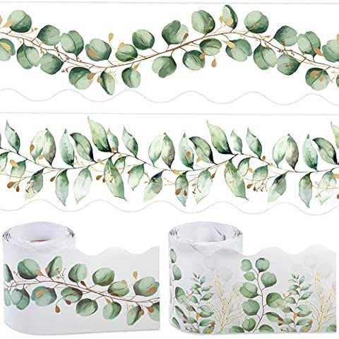 2 Roll Eucalyptus Die Cut Border Trim 36ft Per Roll Scalloped Leaves Border for Classroom Decor Boho Greenery Bulletin Board Borders Plant Eucalyptus Bulletin Board Paper Cover