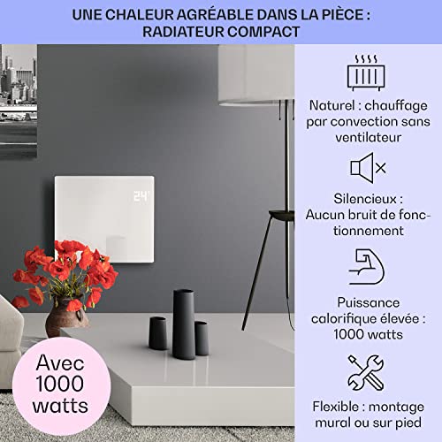 klarstein bornholm singlesmart radiateur convecteur, écran tactile led, minuterie, contrôle par appli, 500 et 1000 w, thermostat 5 45 °c, affichage de la température, mode éco blanc