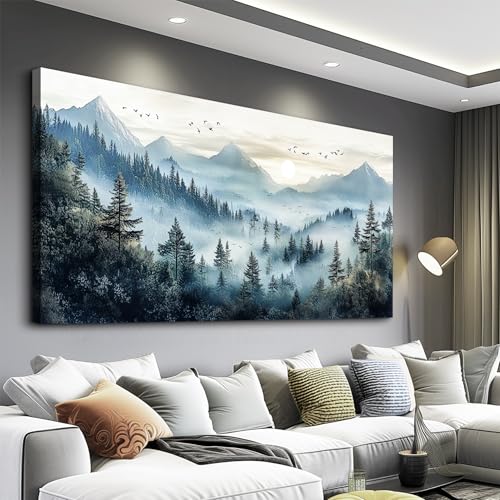 FUHAIHUA Large Wall Decor For Living Room Canvas Wall Art For Office Modern Wall Decorations For Bedroom Forest Fog Landscape Painting Mountain Pictures Artwork Room Home Decor 24x48 In