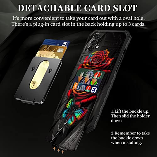 for Samsung Galaxy A32 5G Wallet Case with Detachable Credit Card Holder and Stand Kickstand Rugged Heavy Duty Shockproof TPU Protective Cover Case for Samsung A32 5G, Rose Butterfly