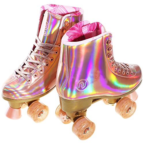 Jajahoho Roller Skates For Women, Holographic High Top Pu Leather Rollerskates, Shiny Double-Row Four Wheels Quad Skates For Girls And Age 8-50 Indoor Outdoor (Size 5, Rose Gold) #TOP4