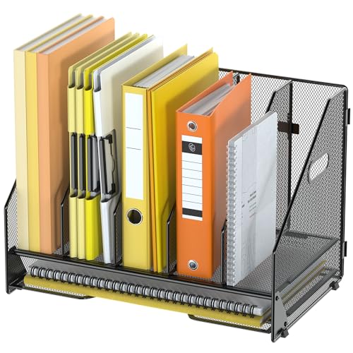 Docnest Organizador de arquivos de mesa, 5 compartimentos verticais com bandeja de cartas, suporte de arquivo de revista de malha com alça, organizadores de espaço de trabalho, organizadores de mesa