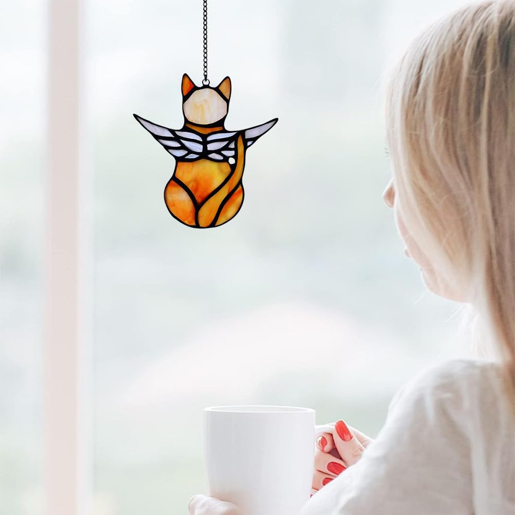 Cat Angel Memorial Statue, Stained Glass Window Hanging Decorations, Loss of Cat Sympathy Gift, Pet Memorial Sympathy Gifts Decoration, Miniature Hanging Ornament