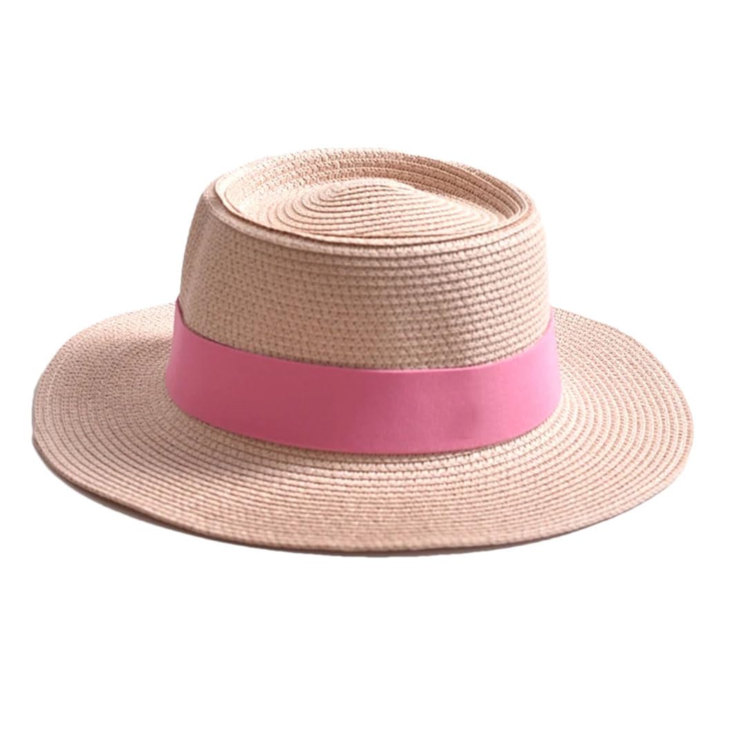 EYRMQWJPC Wide Brim Sun Hat, Women Summer Straw Sun Hat Flat Brim Ribbon Beach Travel Dress Multicolor(Light Pnnrk)